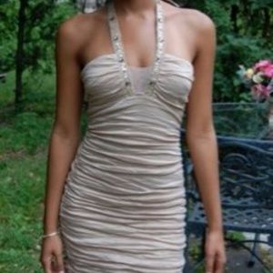 BCBGMaxAzria Champagne Ruched Mini Cocktail Dress